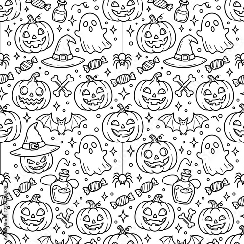 Halloween doodle seamless pattern and black and white line art background vector with carved pumpkins, ghosts, witch hats, bats, and candy