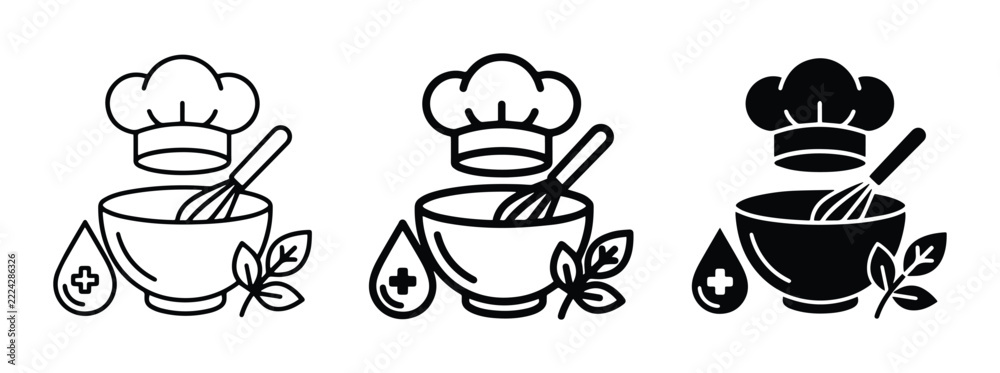 Fototapeta premium Chef hat and whisk set with cooking bowl and herbs