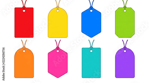 Collection of blank retail price tags in vibrant colors on a transparent background