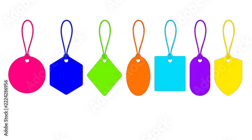 Collection of colorful blank retail price tags with loops on a transparent background