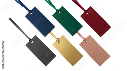 Collection of blank luxury retail price tags with ribbons on a transparent background