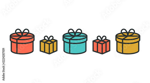 Five colorful gift boxes in vector style on a transparent background