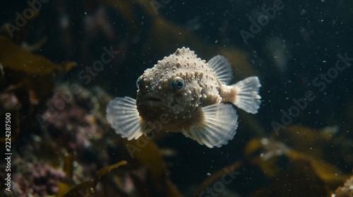 Underwater macro of a spiny lumpsucker hovering in dark water using pectoral fins