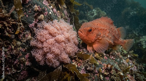 Underwater macro of a spiny lumpsucker guarding its egg mass on a rocky kelp reef