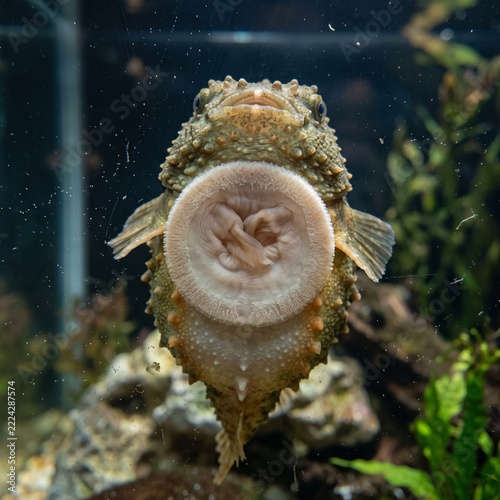 Captive macro view of a spiny lumpsucker showing its specialized ventral suction disc