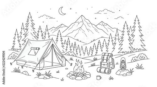 Outdoor Camping Silhouettes with Tent, Mountains, Forest and Campfire Vector Illustration