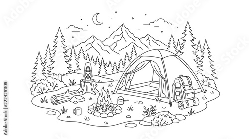Outdoor Camping Silhouettes with Tent, Mountains, Forest and Campfire Vector Illustration