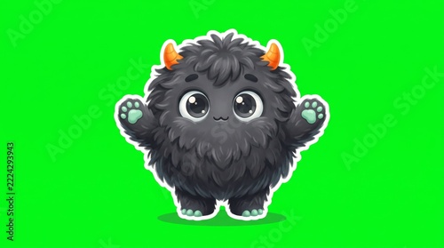 A black fluffy horned creature raises little paws with green pads and short orange horns on a bright green chroma key background. Concept for Halloween decals and digital cards. Generative AI.