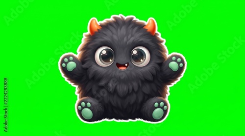 A sitting fuzzy dark monster faces forward with bright eyes, small horns and raised paws on a bright green chroma key background. Concept for Halloween decals and digital cards. Generative AI.