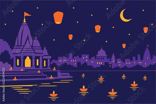 Diwali night scene with Hindu temple by river ghat, floating diyas, sky lanterns and crescent moon, Indian festival of lights illustration