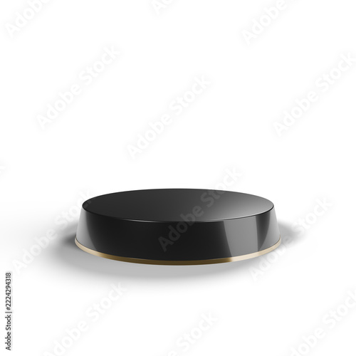 A sleek black circular display stand with a smooth finish, ideal for showcasing products against a white background.