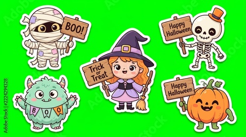 A trick or treat character group shows mummy, girl witch, skeleton, fluffy ghost and pumpkin with signs against green. Concept for cute Halloween greetings and party invitations. Generative AI.