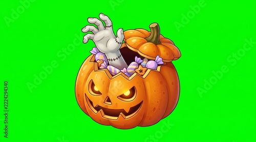 A zombie hand emerging from pumpkin rises from a carved jack lantern filled with sweets and small pumpkins on a plain green background. Concept for cute holiday icon collections. Generative AI.