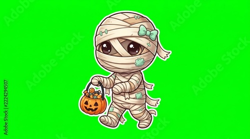 A walking mummy with treat bucket carries an orange pumpkin candy pail in wrapped bandages on a plain green background. Concept for digital greeting cards and festive promotions. Generative AI.