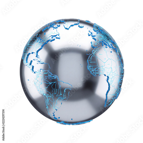 Futuristic chrome planet earth with glowing blue digital network circuits isolated on white background, 3d render   