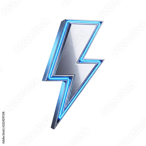 Metallic chrome lightning bolt icon with blue neon illumination isolated on white background, 3d render   