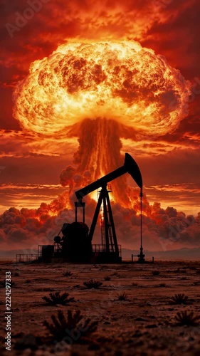 Nuclear Explosion Behind Oil Pumpjack Silhouette in Apocalyptic Desert Landscape