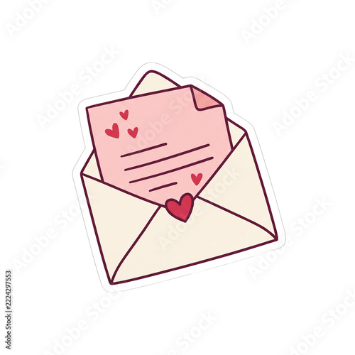 Cute cartoon love letter sticker with open envelope and hearts isolated on white background   
