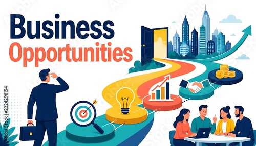 Business Opportunities Cover Template and Background Illustration with Businessman, Roadmap to City Door, Target, Idea, Growth Chart, and Teamwork