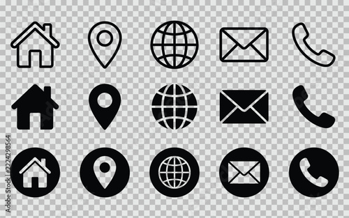 Set of modern flat style icons for home, location, globe, email, and phone contact information Vector