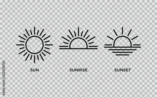 Simple black and white sun, sunrise and sunset icons set with horizon line Vector