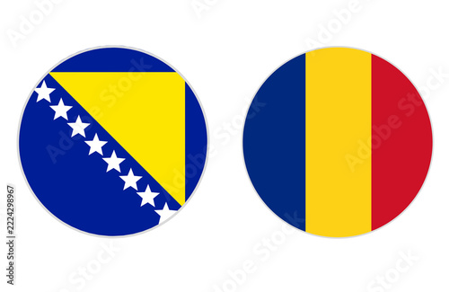 Obraz na plátně bosnia and herzegovina and romania national flags in circular design isolated on