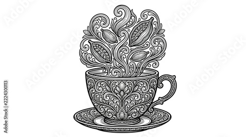 The Image Is A Black And White Line Drawing Of A Teacup And Saucer The Cup Porcelain