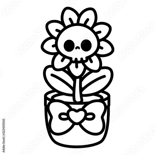 Cute Skull Flower In A Pot Coloring Illustration