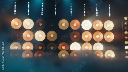 Concert stage wall covered with glowing vintage incandescent spotlight fixtures illuminating dark atmosphere