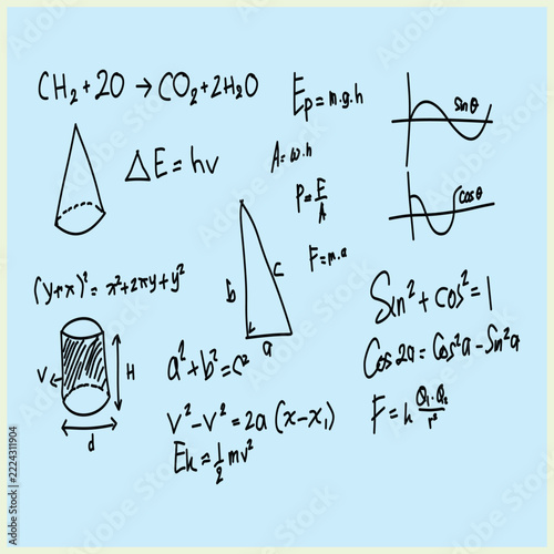 Minimalist line art doodle graphic illustration set of science, math, physics, and chemistry formulas, equations, and diagrams. Ideal for education app UI design.