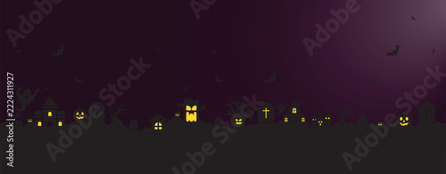 spooky halloween night with a haunted town silhouetted against a deep purple sky, illuminated by glowing jack-o'-lanterns and mysterious lights in windows
