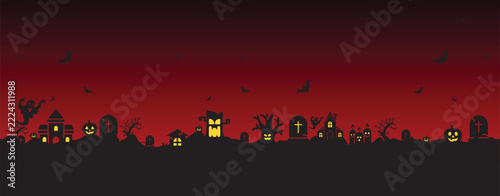 spooky halloween night skyline with eerie silhouettes of haunted houses, tombstones, and bats against a gradient red sky