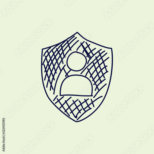 Minimalist line art doodle graphic illustration of a user profile icon inside a hatch-patterned security shield. Ideal design element for account privacy and app UI.
