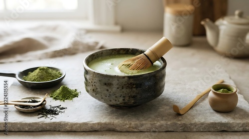 Traditional matcha green tea preparation with bamboo whisk, bowl, powder, and tea leaves on stone