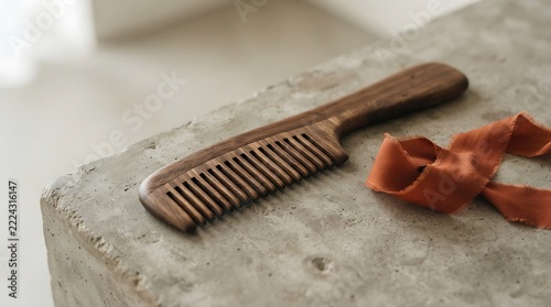 Wooden hair comb resting on a textured concrete surface with a burnt orange fabric ribbon beside it