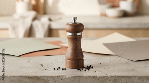 Wooden pepper mill standing on a concrete surface with scattered black peppercorns and paper