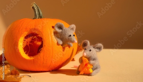 Carved orange pumpkin with hollow opening sits next to two handmade felt mice holding fruit pieces, surrounded by dried leaves in cozy autumn tabletop scene with soft studio light. Copy space.