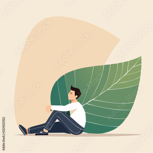 Stylized geometric person resting under a large abstract leaf