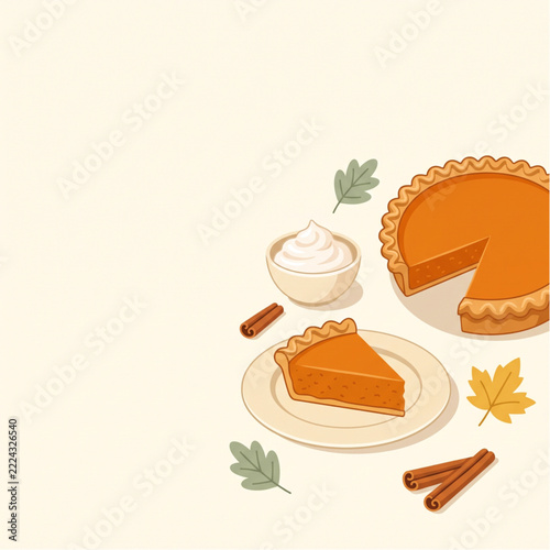 Pumpkin Pie and Whipped Cream Dessert Illustration for Thanksgiving Bakery and Supermarket Promotions