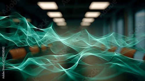Abstract green waves of energy flowing through a dimly lit, futuristic-looking corridor. The lines are glowing and translucent, creating an ethereal effect
