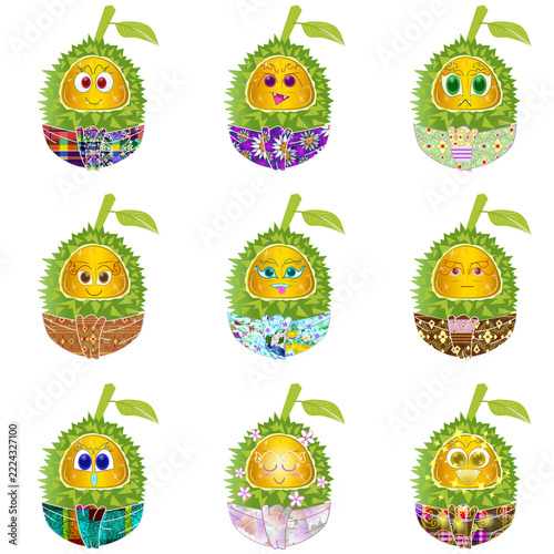 Cute Thai golden durians character set vector illustration. Kawaii durian emoticons with traditional Thai loincloth loin pattern and various emotion expressions