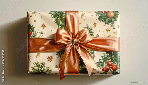 Close up on Christmas gift box with ribbon 