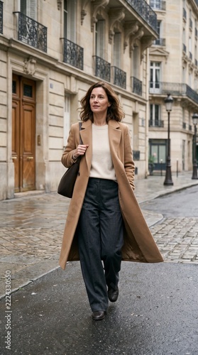 Elegant Woman Walking Down a Cobblestone Street in Paris Wearing a Camel Coat and Wide Leg Pants