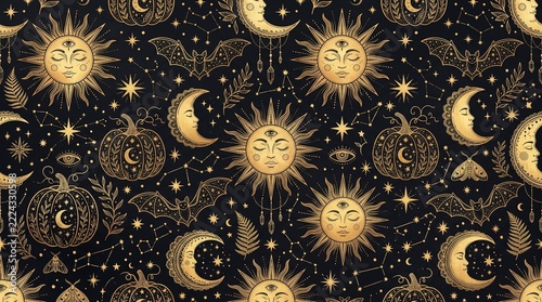 seamless pattern with gold ornament, sun and moon, bat and pumpkin