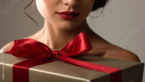 Beautiful gorgeous young woman holding a gift box with red ribbon 