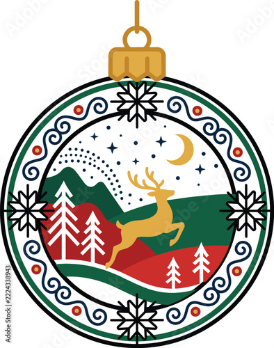 Festive Christmas ball ornament with a decorative snowflake and swirl border