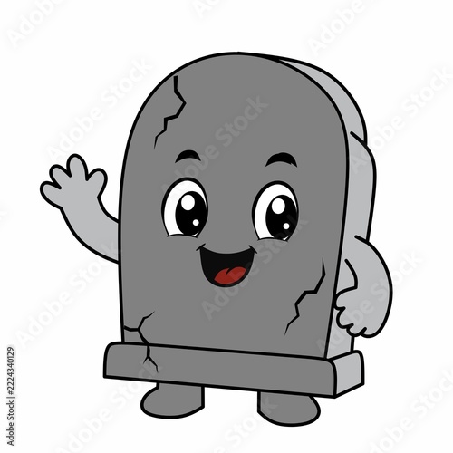 Cute smiling cartoon tombstone character waving, isolated on white background, for Halloween, spooky illustrations, and kids' designs