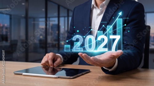 Businessman presents a rising digital chart with 2027 forecast, representing financial growth, market performance, investment strategy, economic outlook and future business success.