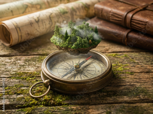 Vintage brass compass with floating forest scene, evoking adventure and exploration