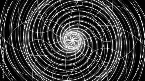 Hypnotic black and white spiral animation featuring rotating glowing lines